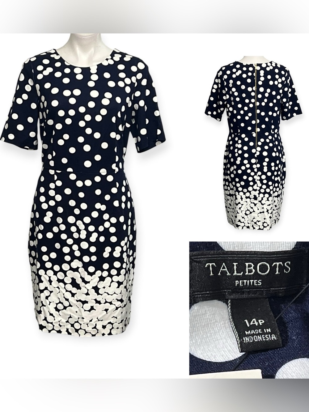 Talbots dress 14p blue/White Polka Dot jersey knit stretch Sheath knee length